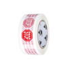 Angled side view of white carton sealing tape featuring red STOP signs and security warning text