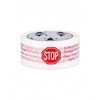 Front view of 72mm x 100m white printed carton sealing tape featuring a red STOP sign and package inspection warning text