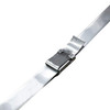 Close-up of stainless steel strapping secured with a wing-style metal buckle for industrial banding applications