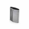 Single regular-duty closed steel strapping seal standing upright on a white background