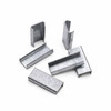 Assorted open steel strapping seals shown from multiple angles
