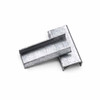 Two open steel strapping seals arranged to show channel construction