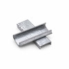 Two open steel strapping seals displaying top and channel views