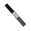 Crimped open steel strapping seal securing black steel banding