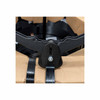 Manual steel strapping sealer crimping a seal onto black steel strapping around a packaged coil