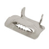 Close-up of stainless steel buckle with serrated teeth and raised locking tabs