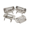 Four stainless steel buckles shown from multiple angles with serrated locking teeth and tabs