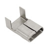 Stainless steel strapping wing seal featuring two upright locking tabs and folded metal construction