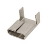 Close-up front angled view of a stainless steel strapping wing seal with two upright locking tabs and an open metal banding channel on a white background
