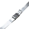 Close-up of a stainless steel wing seal fastened over overlapping stainless steel banding, demonstrating a secure metal strap connection for industrial applications