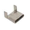 Close-up angled view of a stainless steel strapping wing seal featuring two upright locking tabs, a smooth metallic finish, and a rectangular channel for securing stainless steel banding