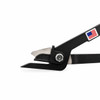 Close-up of Encore EP-2450 heavy-duty steel strapping cutter showing hardened metal cutting blades, black steel construction, pivot bolt, and Made in USA label