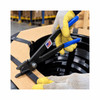 Warehouse worker using Encore EP-2450 manual steel strapping cutter with blue handles to cut black steel banding securing an industrial steel coil