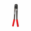 MIP-1120 manual steel strapping sealer shown vertically with slightly open handles, red vinyl grips, and front action single notch sealing mechanism