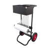Rear angled view of a mobile stretch strapping film dispenser cart with large wheels, storage tray, and film roll holder