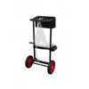 Heavy-duty mobile stretch strapping film dispenser cart with ergonomic handle, storage compartment, and film roll