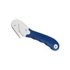 Angled view of EP-225 Safety Hook Knife with blue grip and guarded blade