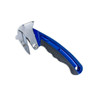 Angled view of Encore EP-228 Heavy-Duty Hook Knife with blue handle and protected blade