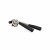 Full side profile of stainless steel strapping tensioner and crimper tool with dual black handles, adjustable tensioning spindle, and integrated crimping mechanism for steel banding applications