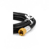 Close-up of coiled black reinforced hose with brass female connector