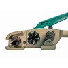 Close-up of MUL-325 manual windlass cord strapping tensioner showing feed channel, tensioning wheel, and cutter assembly
