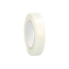 Angled view of 1" x 60 yd clear filament strapping tape roll with reinforced fiberglass filaments