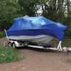 Large roll of blue marine shrink wrap for boat winterization, storage, and transportation protection