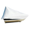 Boat covered with white marine shrink wrap for winter storage and protection from weather, moisture, and UV exposure