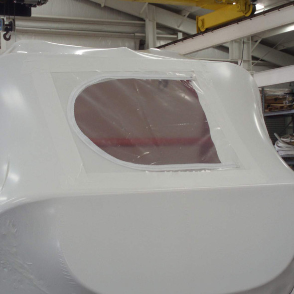 30" x 36" Shrink Wrap Zipper Access Door installed on white shrink wrap