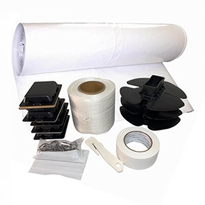 24' x 50' Complete boat shrink wrap accessory kit with installation tape, vents, buckles, knife, and shrink wrap