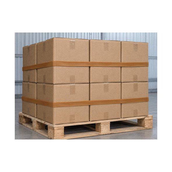 Encore 1" x 34" Pallet Stretch Bands securing stacked cartons on a wooden pallet