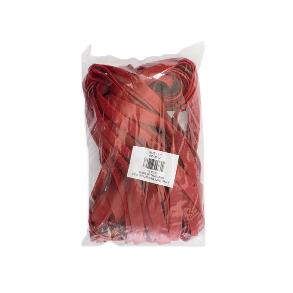 3/4" x 92" red pallet stretch bands packaged in a clear 12-piece bag