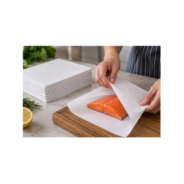 Person wrapping a fresh salmon fillet with a freezer paper sheet on a cutting board