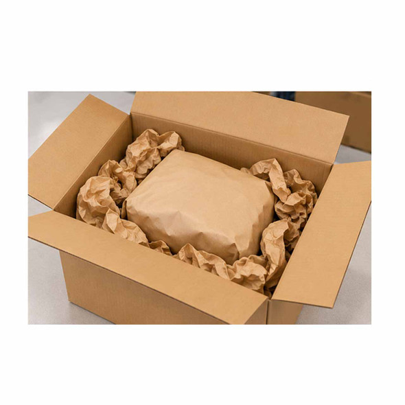 Kraft paper wrapped product cushioned with recycled paper void fill inside a cardboard box