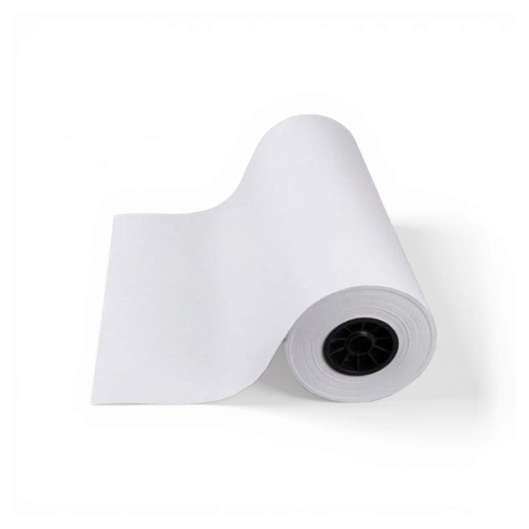 White butcher paper roll unrolled with black center core on a white background