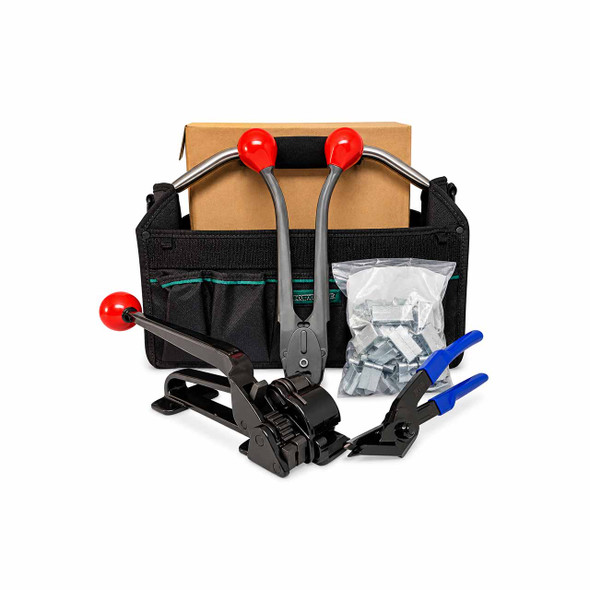 Complete portable steel strapping kit with tensioner, sealer, cutter, seals, carton pack, and carrying bag