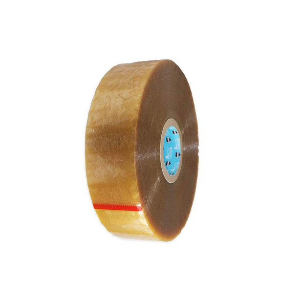 Clear cold temperature carton sealing tape roll, 3 inch x 3,000 feet, 2.2 mil, upright reverse angle view