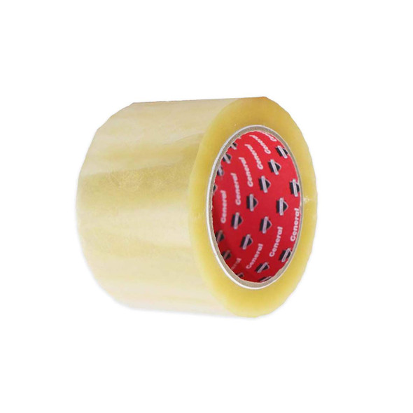 3 inch x 110 yard 1.6 mil clear acrylic carton sealing tape roll displayed from an angled right view with General branded core