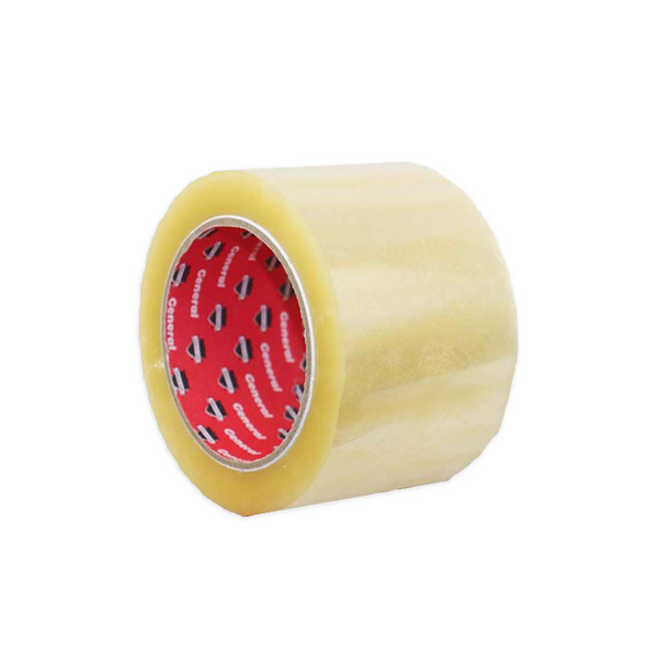3 inch x 110 yard 1.6 mil clear acrylic carton sealing tape roll shown from an angled left view with red General core