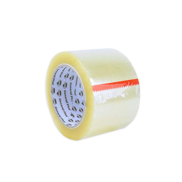3 inch x 110 yard 1.75 mil clear acrylic carton sealing tape roll shown from an angled left view with General Plus branded core
