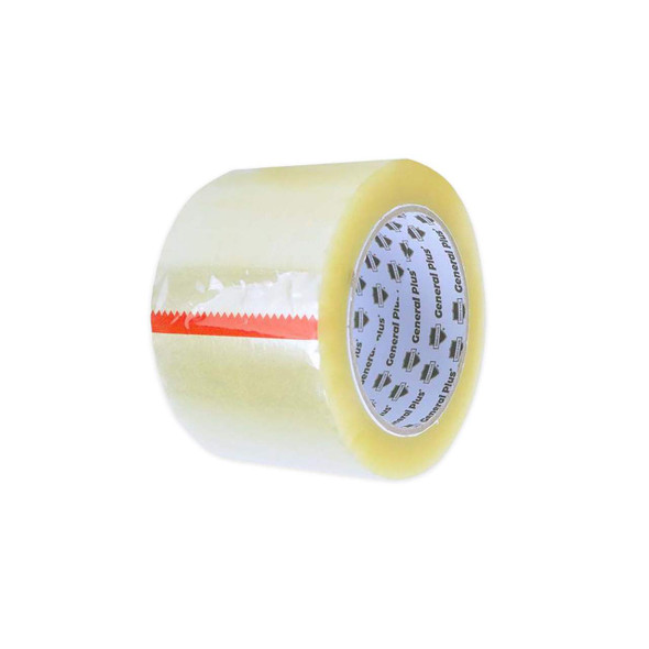 3 inch x 110 yard 1.75 mil clear acrylic carton sealing tape roll displayed from an angled right view with General Plus branded core