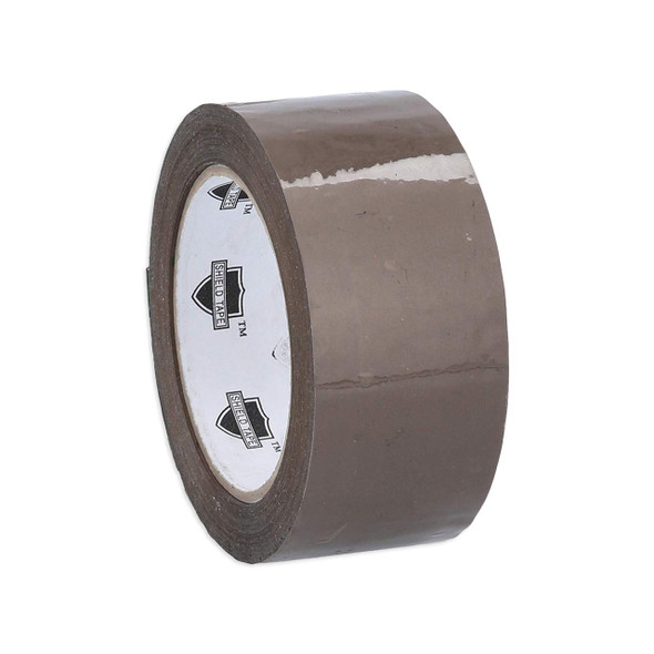 2 inch x 110 yard 48mm x 100m 1.75 mil tan acrylic carton sealing tape roll shown from an angled front view