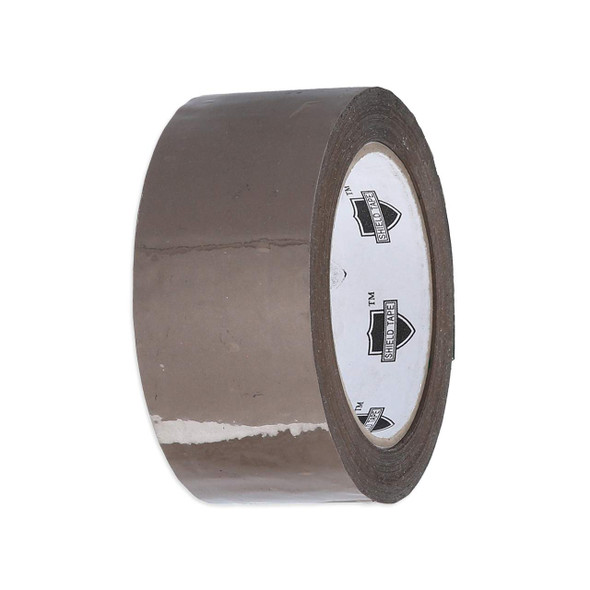 2 inch x 110 yard 48mm x 100m 1.75 mil tan acrylic carton sealing tape displayed from a reverse angle
