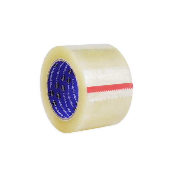 3 inch x 110 yard 2.0 mil clear acrylic carton sealing tape roll shown from an angled left view with red easy-start strip