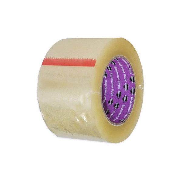 3 inch x 110 yard 2.5 mil clear acrylic carton sealing tape roll displayed from an angled right view with Supreme Plus core