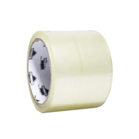 3 inch x 55 yard 3.0 mil clear acrylic carton sealing tape roll shown from an angled left view with Shield Tape branded core