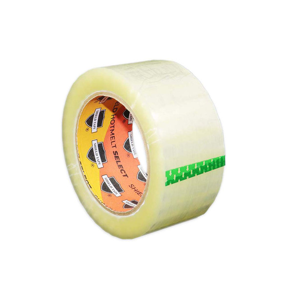 Clear hot melt carton sealing tape roll 2 inch x 110 yard 1.6 mil shown from an angled left view