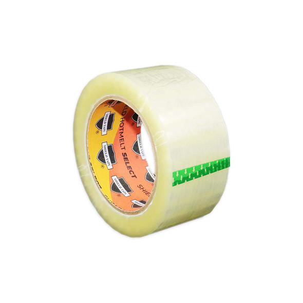 Clear hot melt carton sealing tape 3 inch x 110 yard 1.6 mil roll shown from the opposite angle