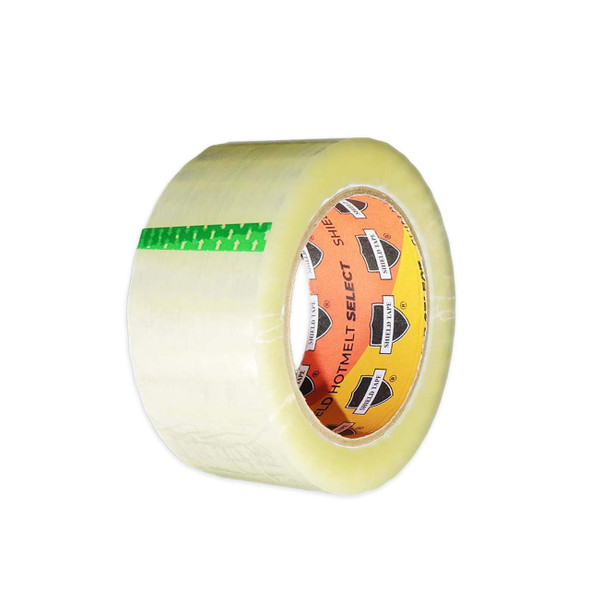 Clear hot melt carton sealing tape roll 2 inch x 110 yard 1.8 mil shown from an angled left view