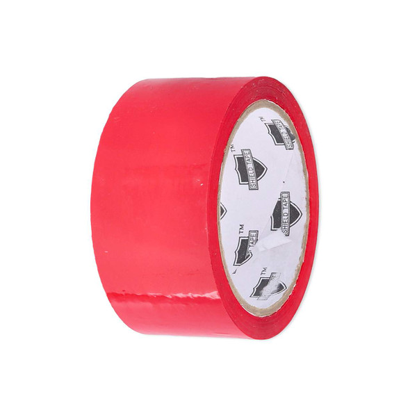 2 inch x 110 yard 48mm x 100m 2.0 mil red acrylic carton sealing tape displayed from a reverse angle